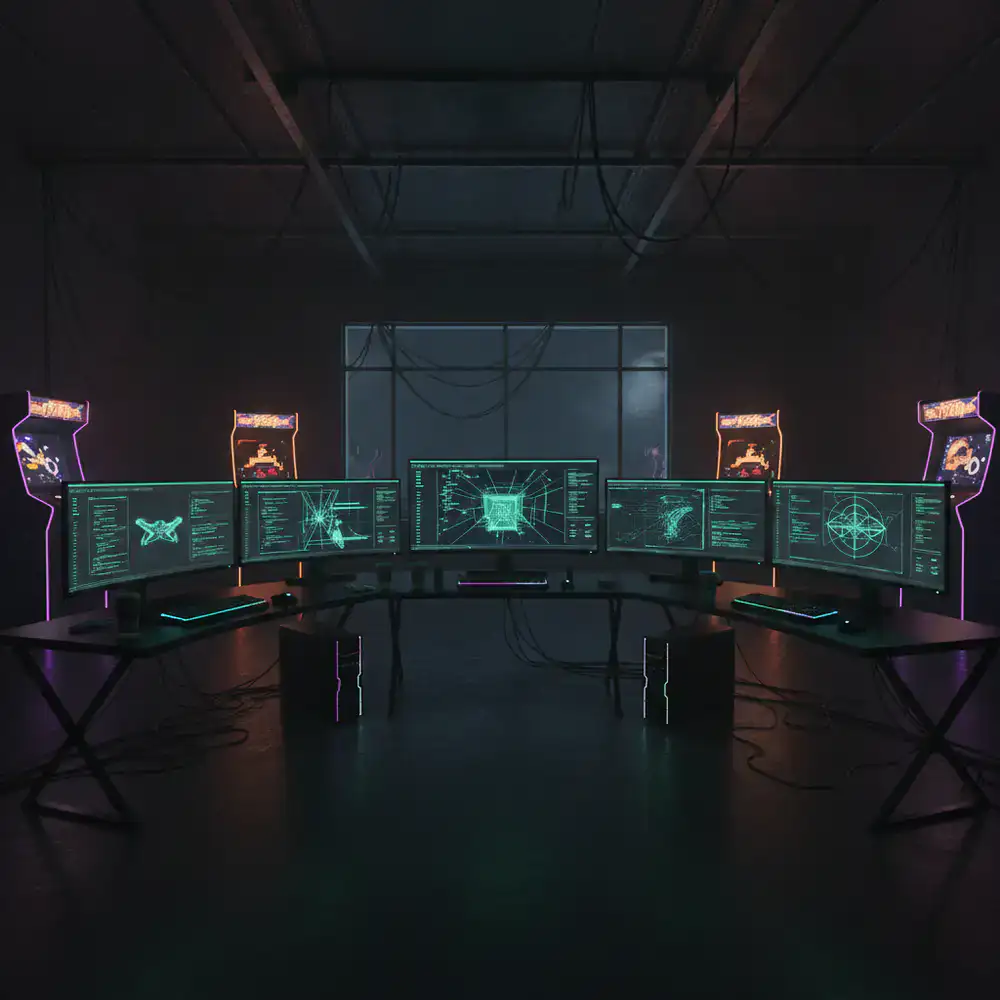 Development studio showing multiple monitors with code and grid mechanics