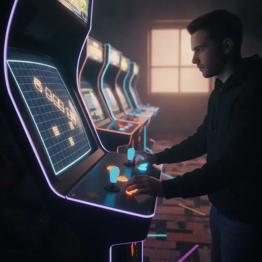 Developer testing block physics on a modern arcade cabinet