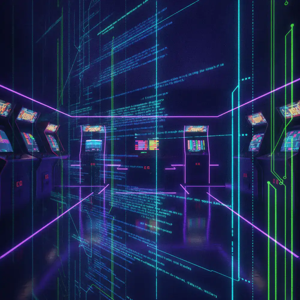 A visual representation of game code layered over a vibrant dark blue arcade background