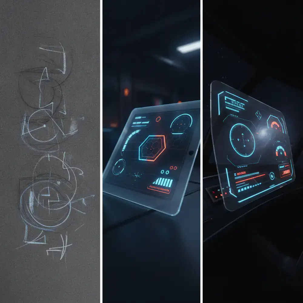 Sketches and digital mockups of the in-game heads-up display