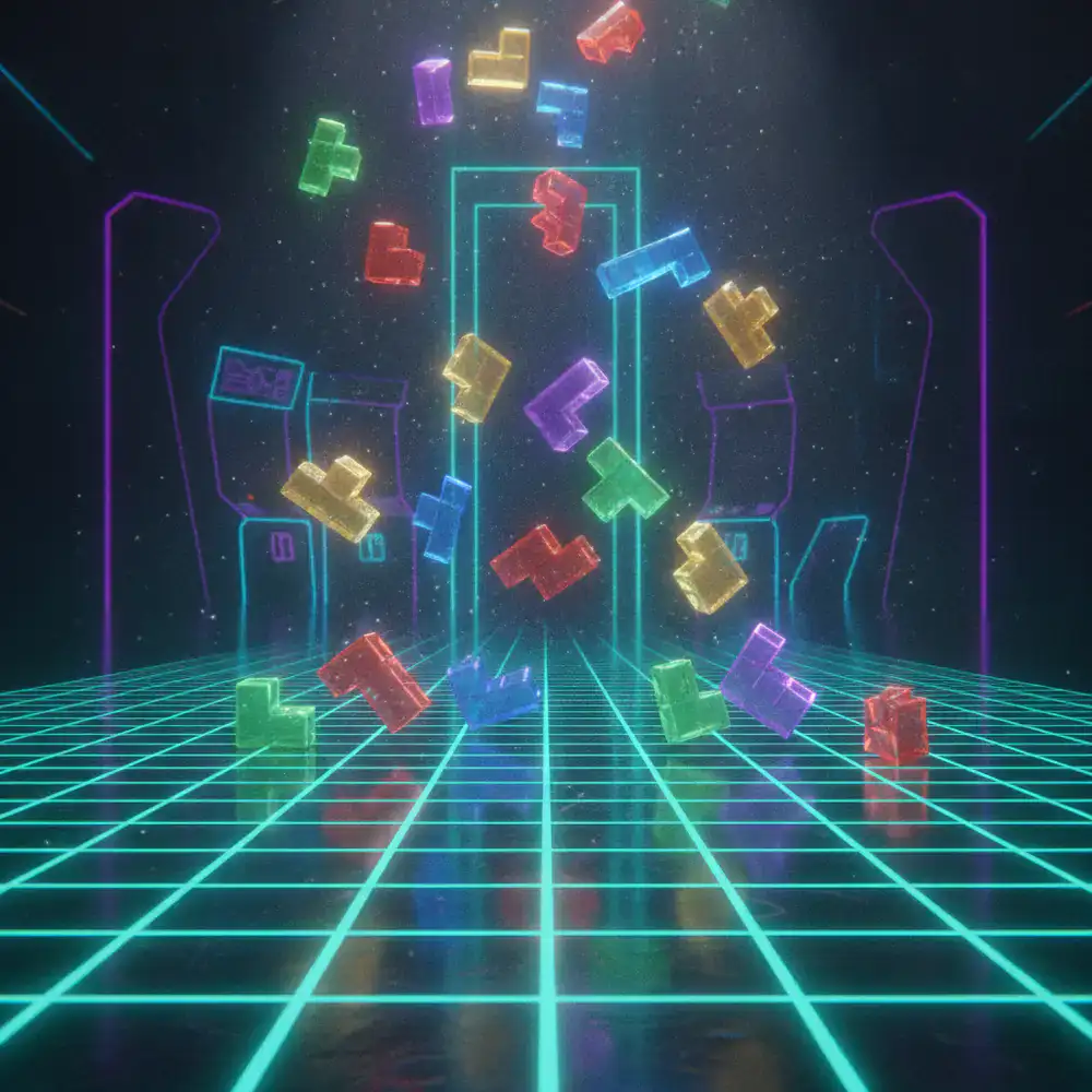 Abstract dark blue grid background with floating neon puzzle blocks