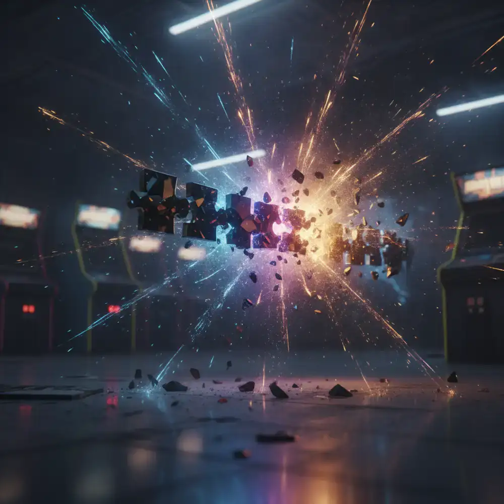 Dynamic visual effect showing a horizontal line of puzzle blocks shattering into glowing particles