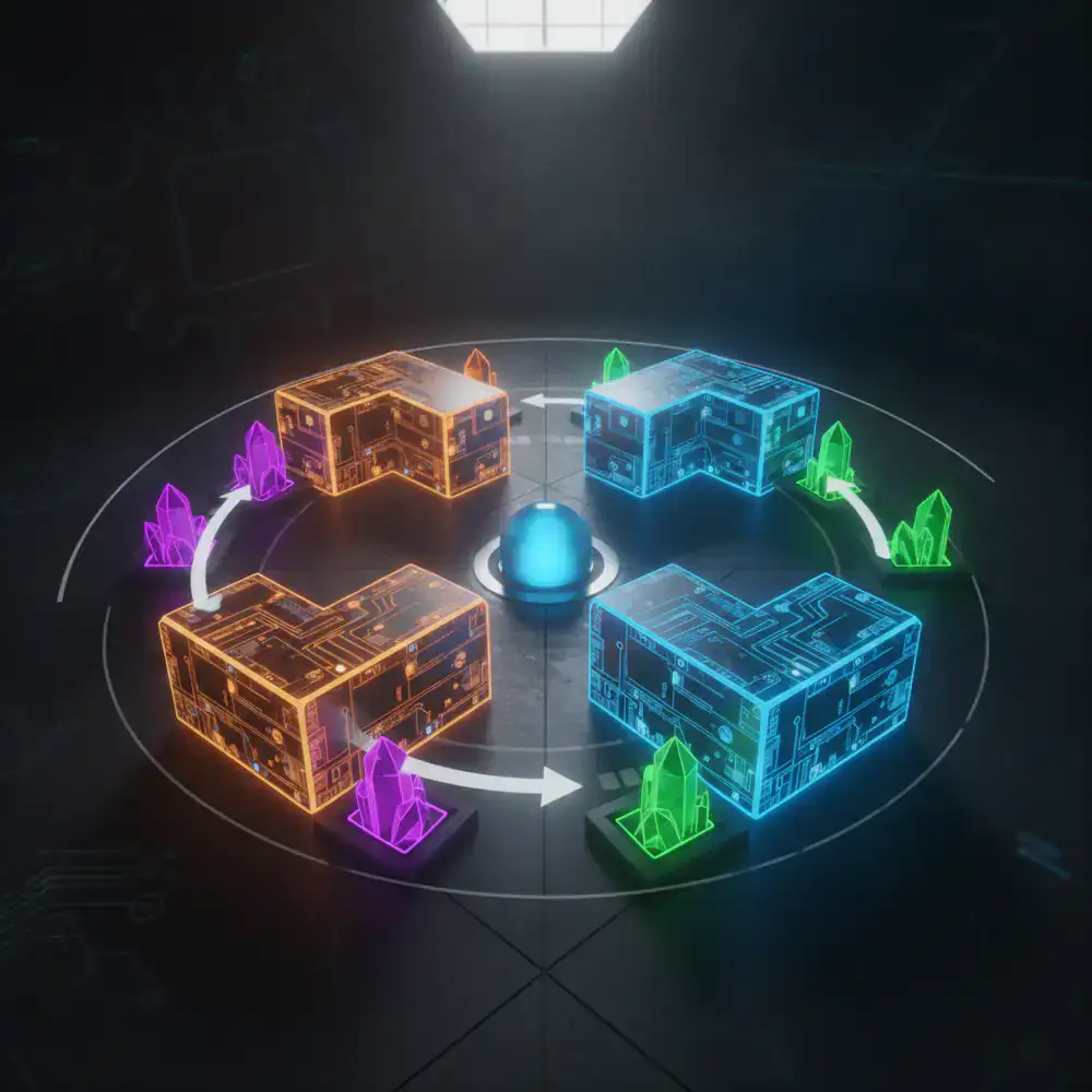 Technical diagram illustrating how puzzle blocks rotate smoothly around a central pivot point to bypass obstacles