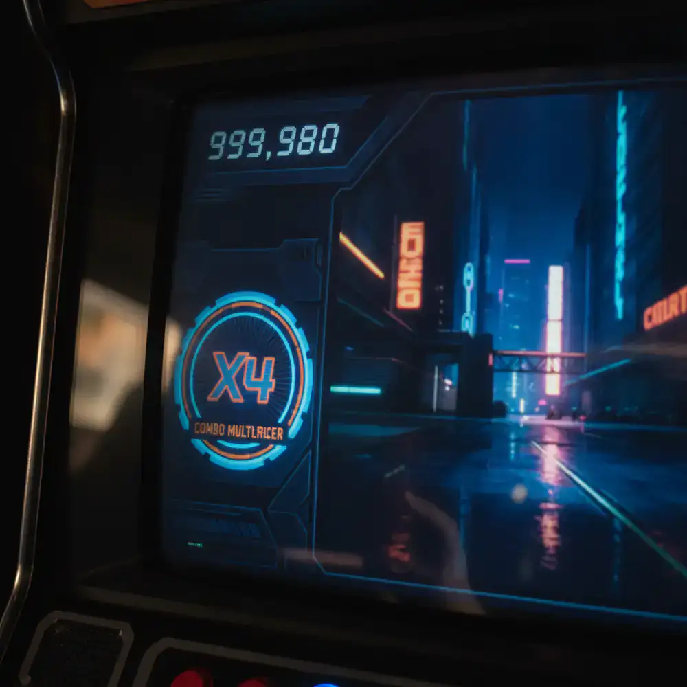 In-game screenshot displaying a high score counter and a four times combo multiplier badge