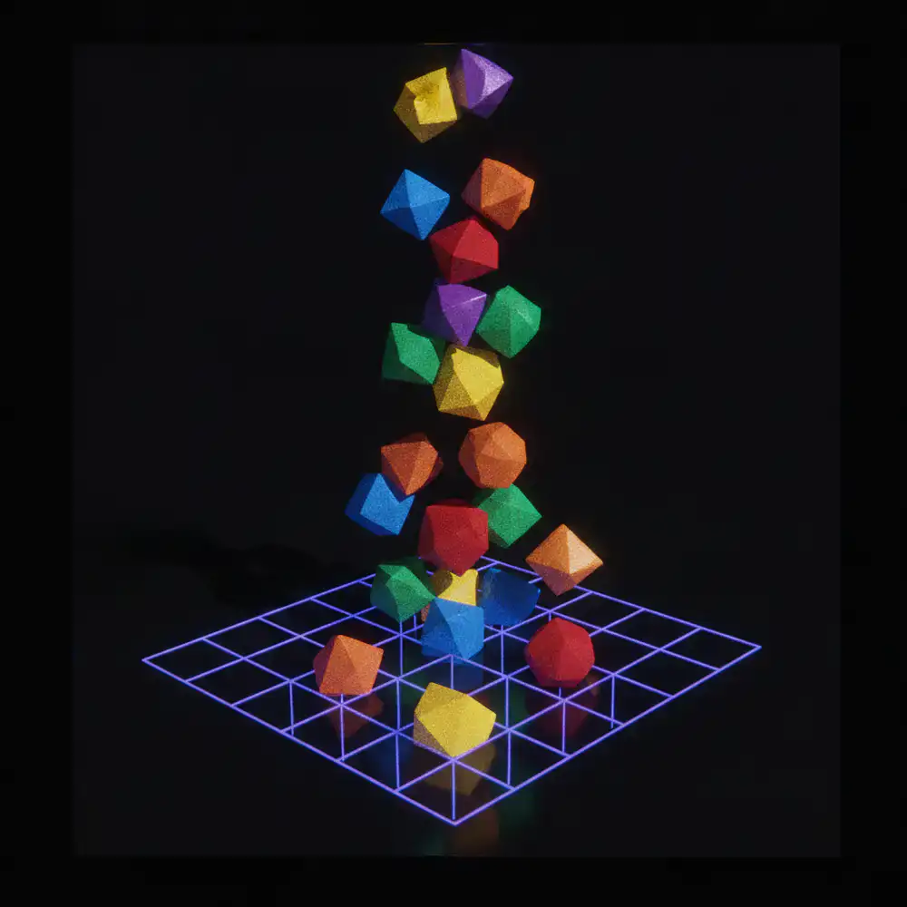 Colorful geometric blocks falling into a grid layout on a dark screen