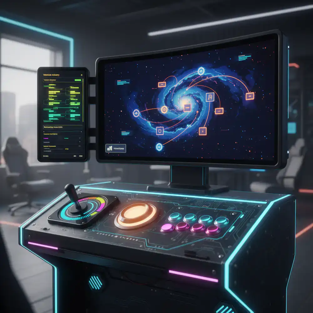 Digital representation of the game launch interface and version control dashboard