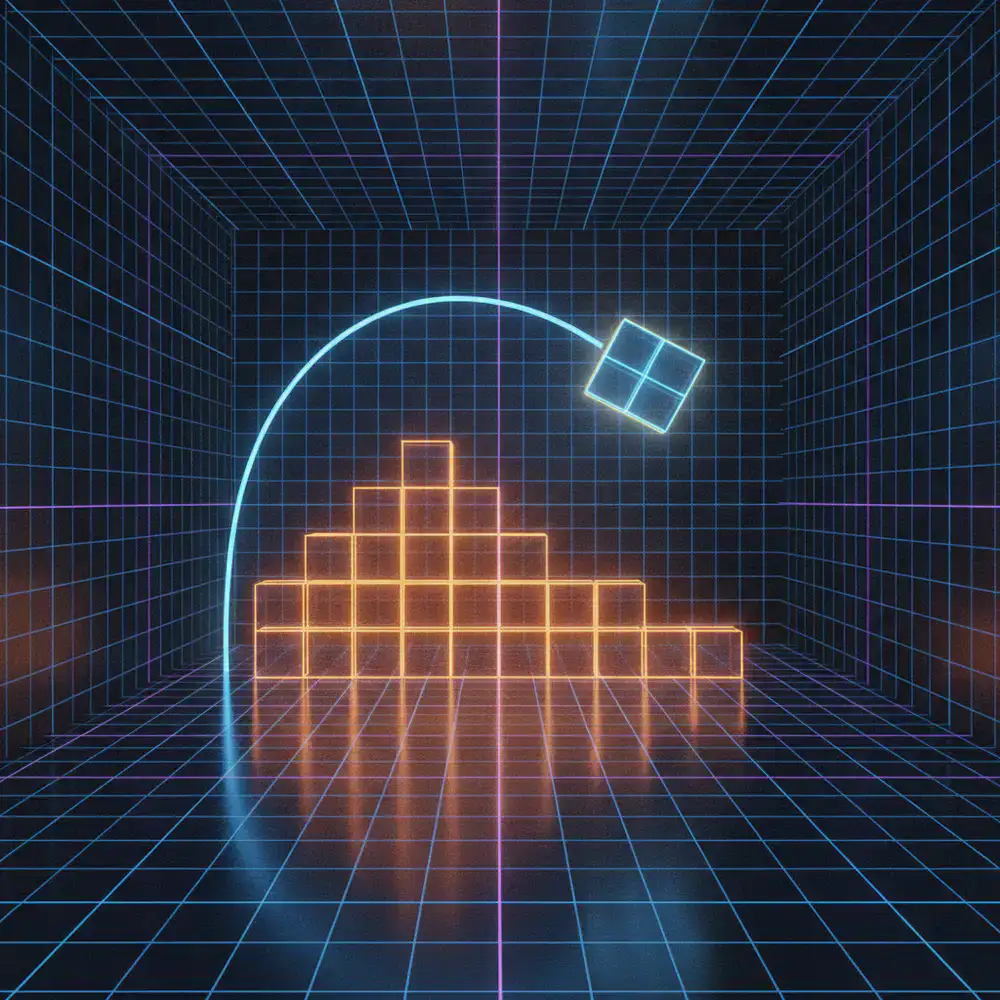 Debug grid showing block collision bounds and drop trajectory
