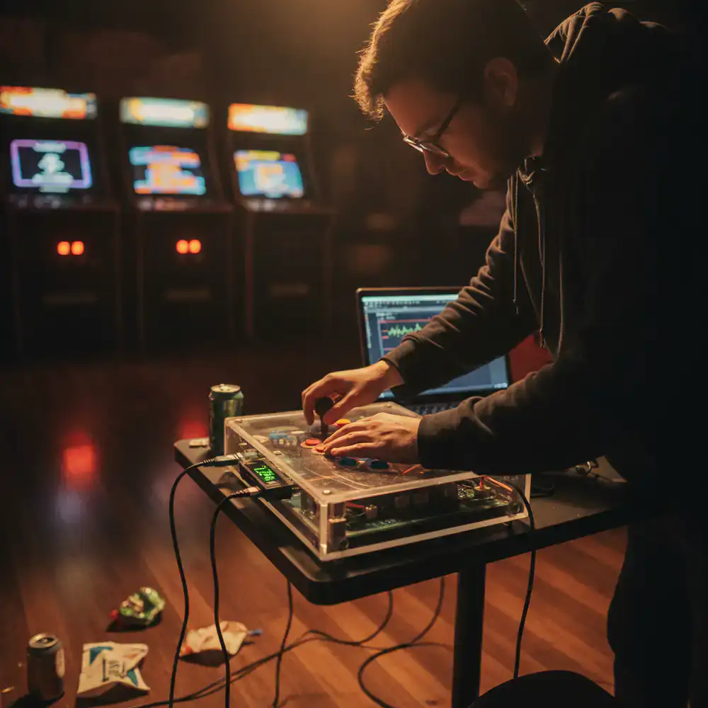 QA engineer testing arcade controller input latency